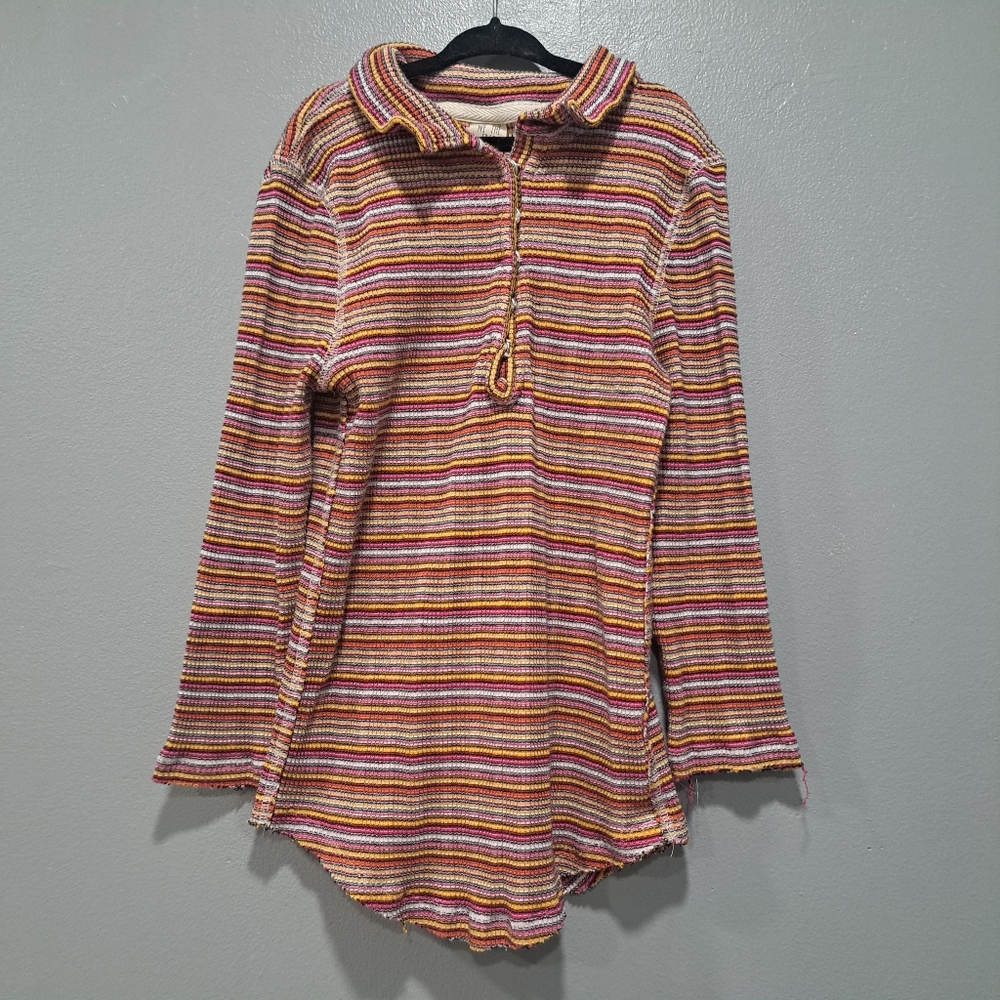 We The Free Womens Small Multicolor Striped Long Sleeve Button‎ Front Raw Edge
